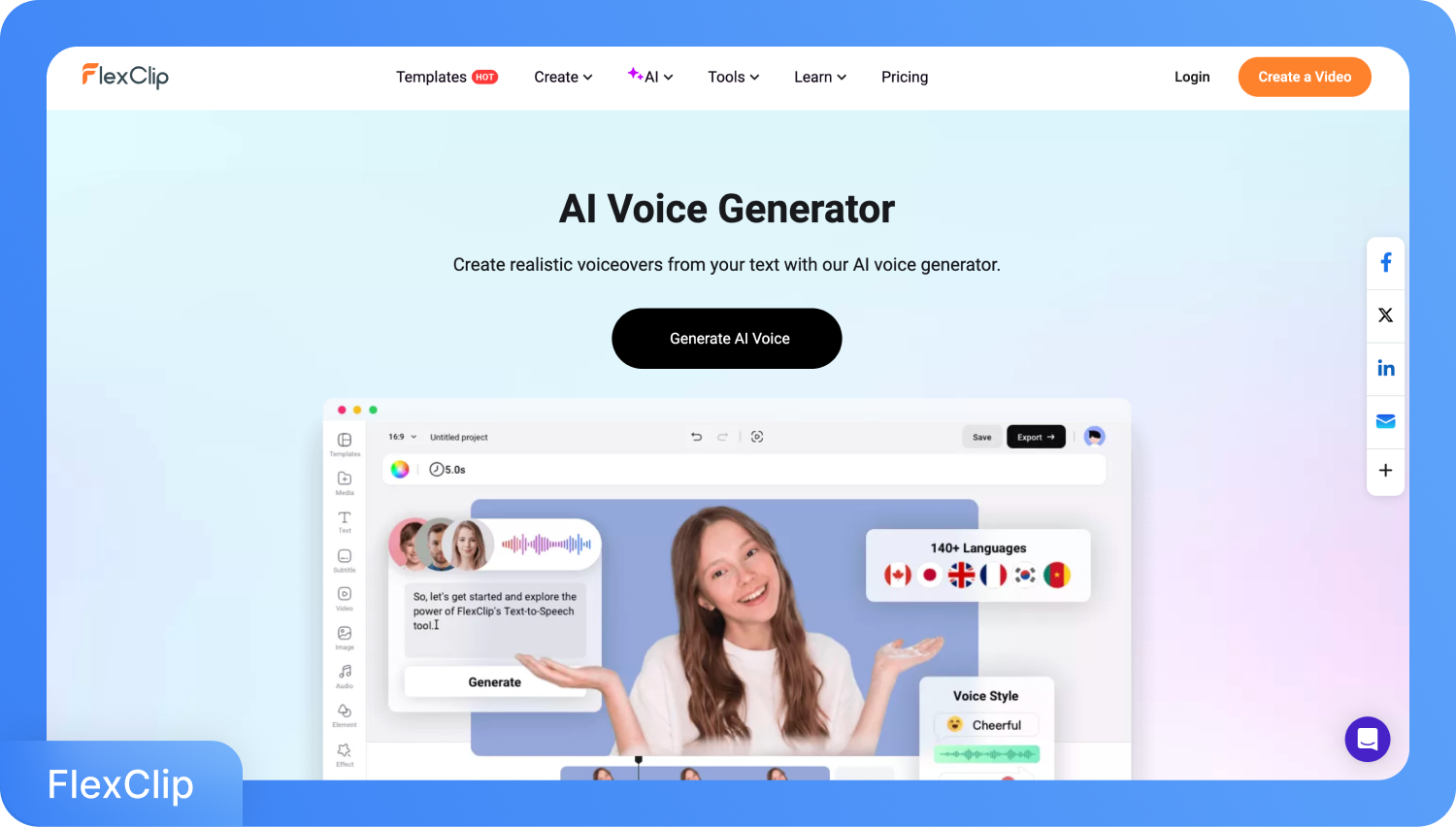 Екранна снимка на интерфейса на FlexClip AI Voice Generator, показваща млада жена, демонстрираща функцията текст към реч с поддръжка на множество езици.