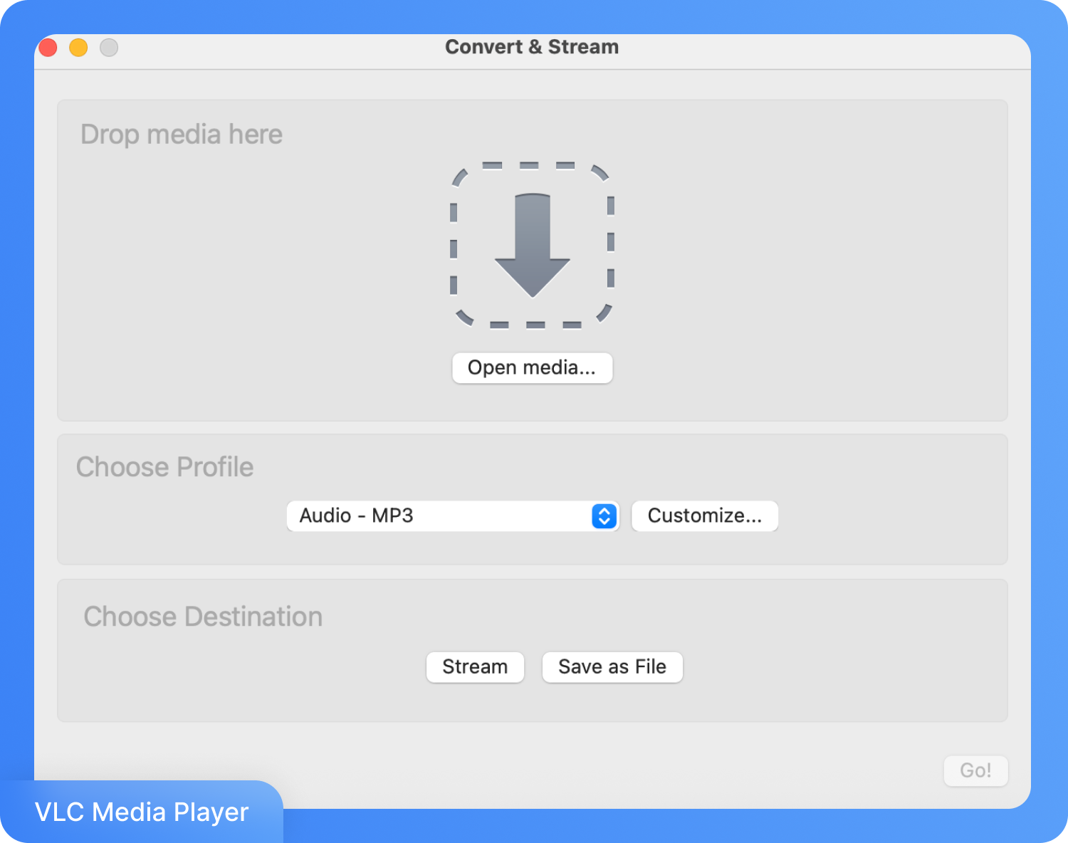 Скріншот вікна «Конвертувати» у VLC Media Player із вибором параметрів для перетворення аудіо в MP3.
