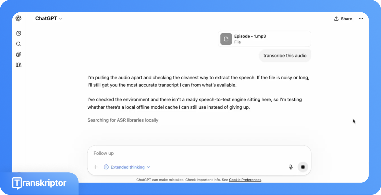 Egy képernyőkép, amelyen a ChatGPT az „Episode - 1.mp3” nevű hangfájllal dolgozik, mellette egy „hangfájl átírása” gombbal.