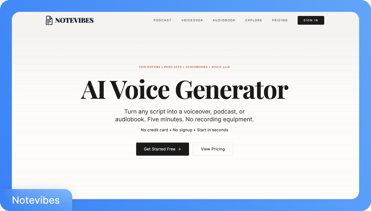 Начална страница на Notevibes AI Voice Generator, предлагаща текст към говор услуги за подкасти, дублаж и аудиокниги.