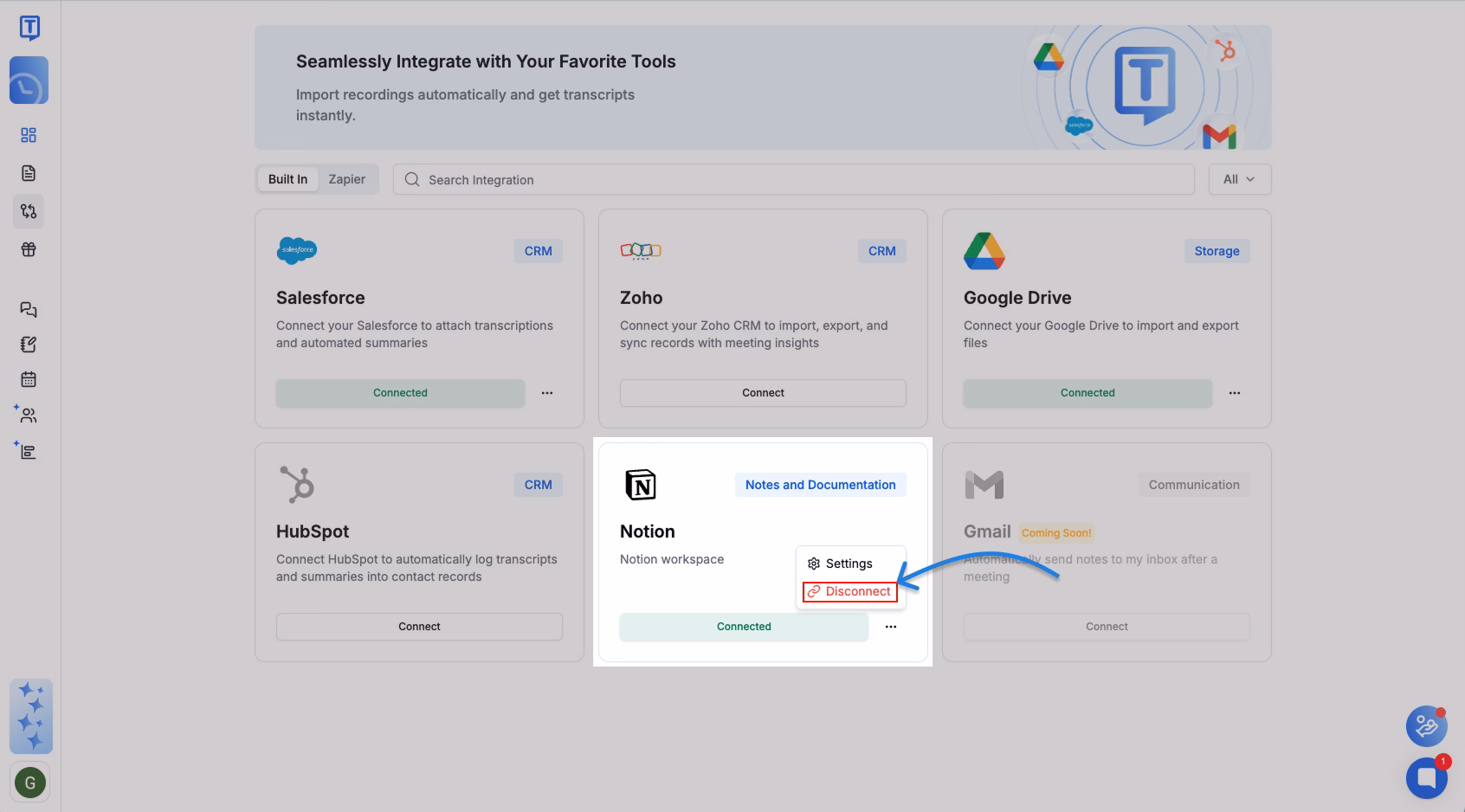 Інтерфейс інтеграції Transkriptor, що показує налаштування інтеграції з Notion.