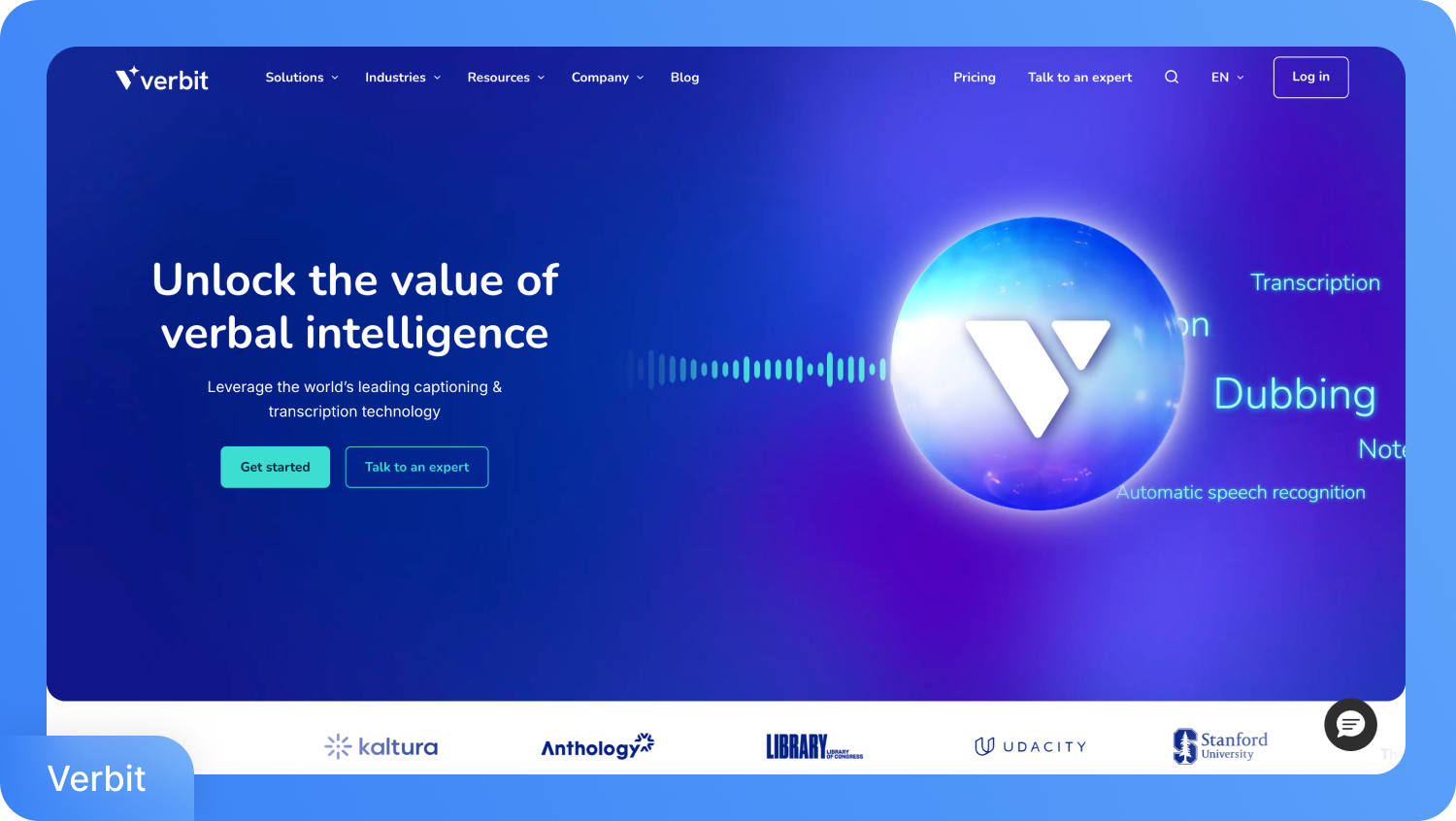 Página inicial da Verbit com a manchete "Desbloqueie o valor da inteligência verbal" e recursos como transcrição e dublagem.
