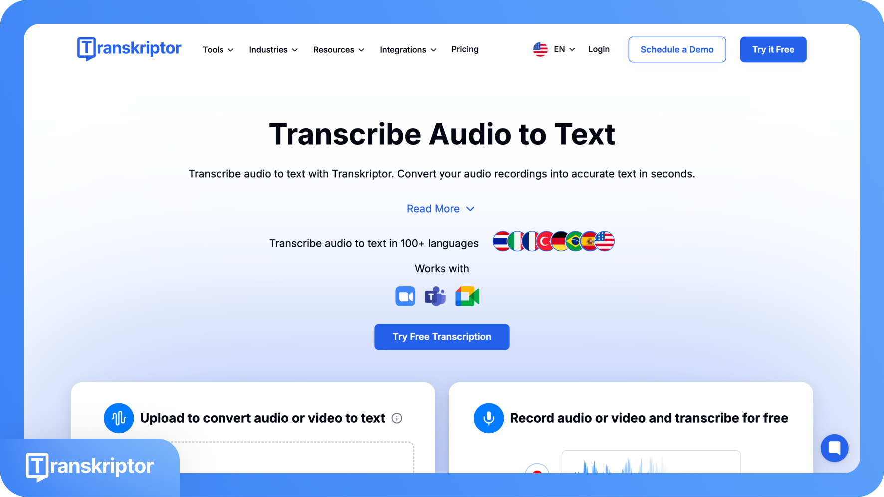 Screenshot della homepage del sito web di Transkriptor che evidenzia la funzione "Trascrivi audio in testo".