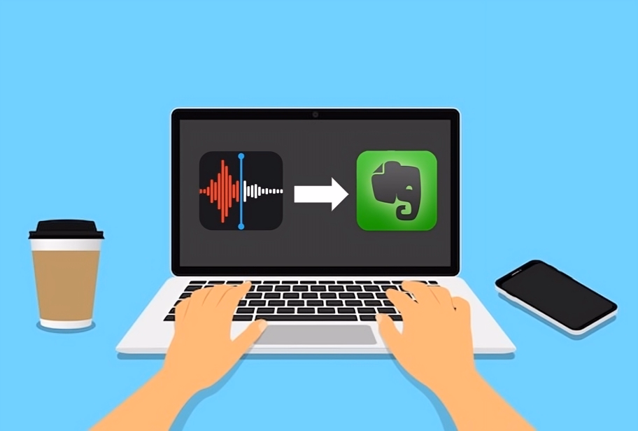 Masa üzerindeki kahve ve akıllı telefon eşliğinde, dizüstü bilgisayarda dosya dönüştürme işlemini yapan eller.
