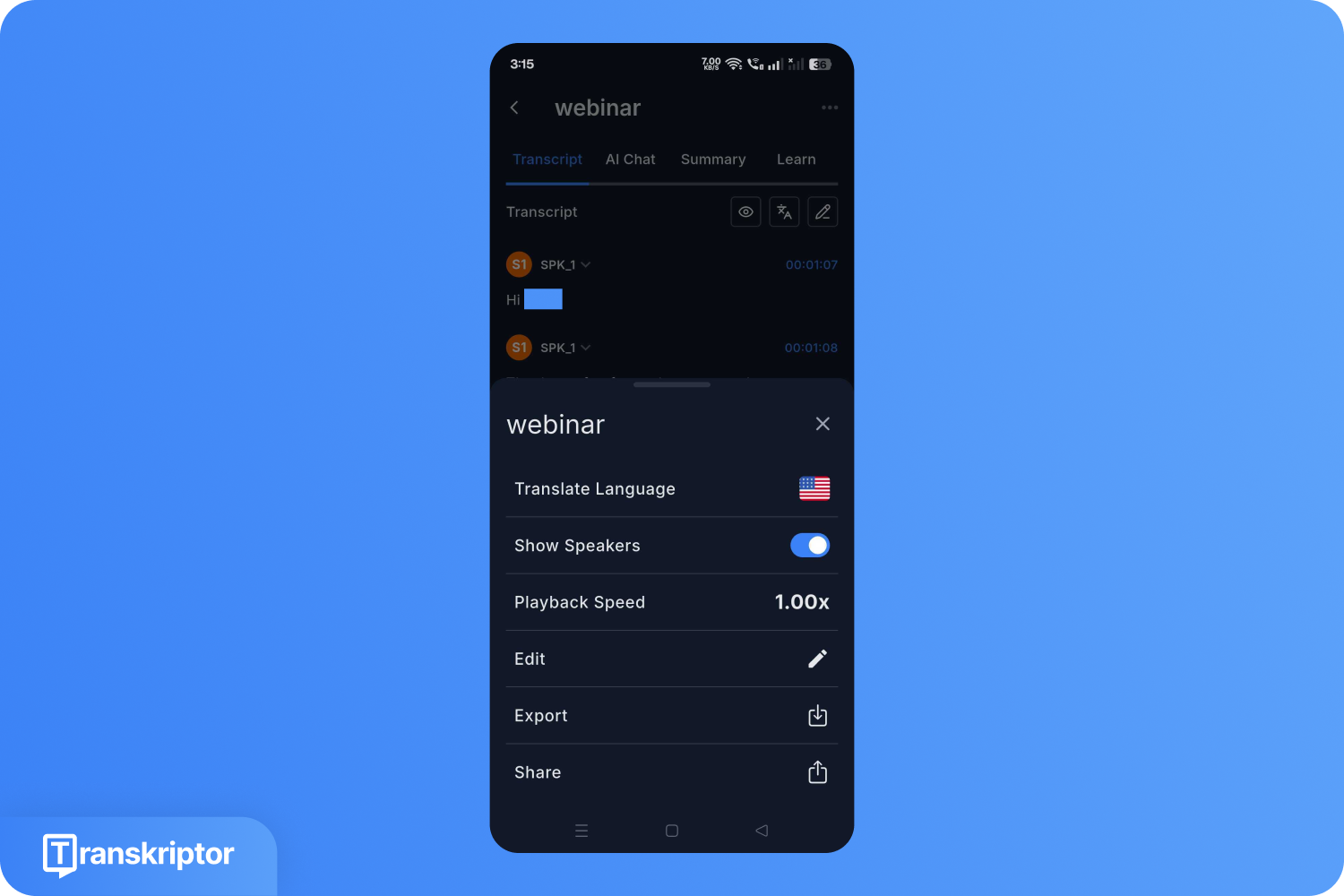 Ein Smartphone-Bildschirm zeigt die Transkription eines Webinars mit Optionen für Übersetzung, Sprechererkennung und Wiedergabegeschwindigkeit.