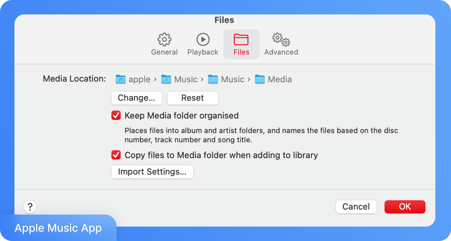 Скриншот налаштувань програми Apple Music для керування файлами, на якому показано параметри впорядкування медіафайлів і копіювання їх у бібліотеку.