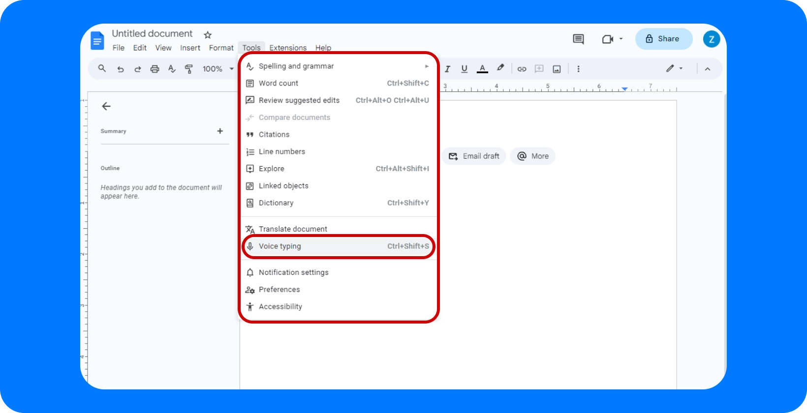 Документ в Google Docs с активирана функция 'Гласово въвеждане', показващ способността на инструмента за писане чрез глас.