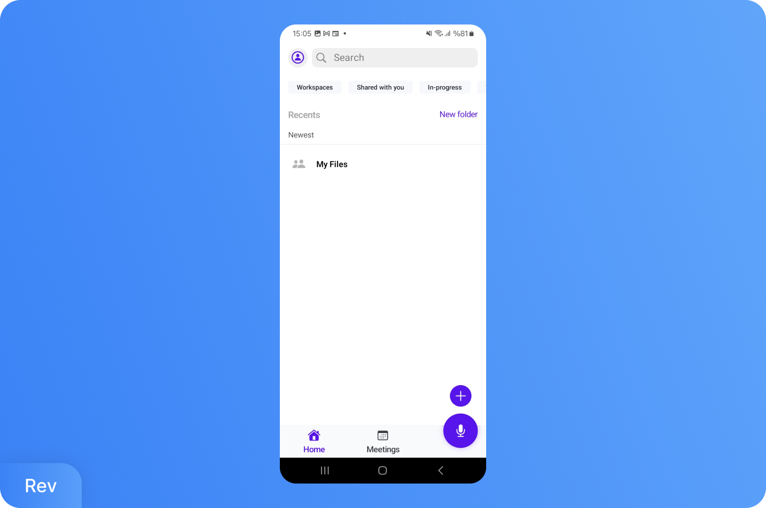 安卓手机上 Rev 转录应用的屏幕截图，显示了“我的文件”界面，包含工作区、最近文件和新建文件夹选项。