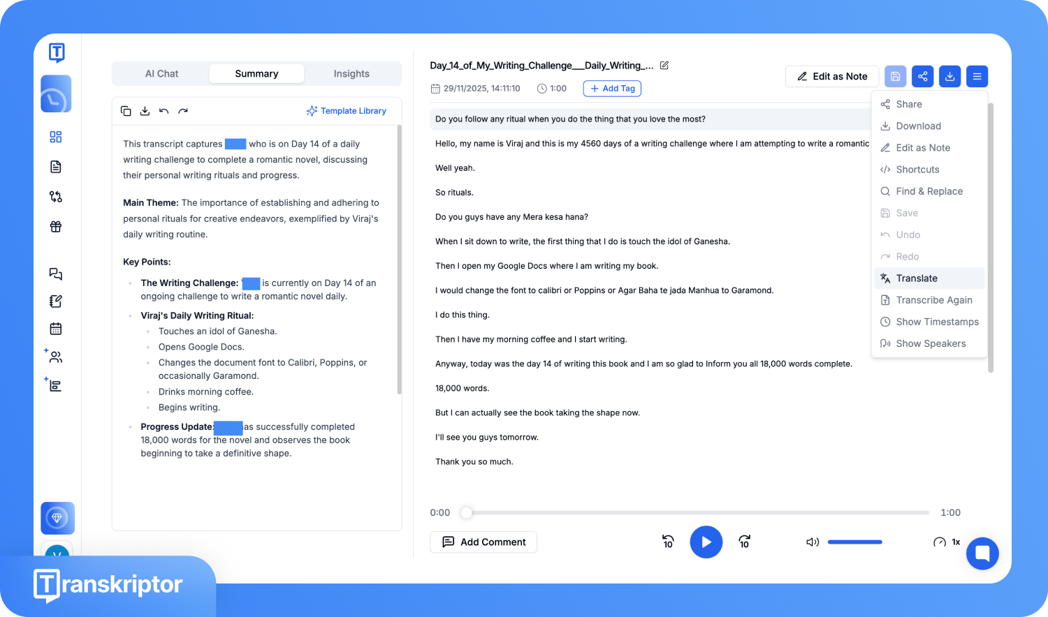 Скриншот інтерфейсу Transkriptor із транскрипцією голосової замітки про розпорядок дня письменника та прогрес у роботі над романом.
