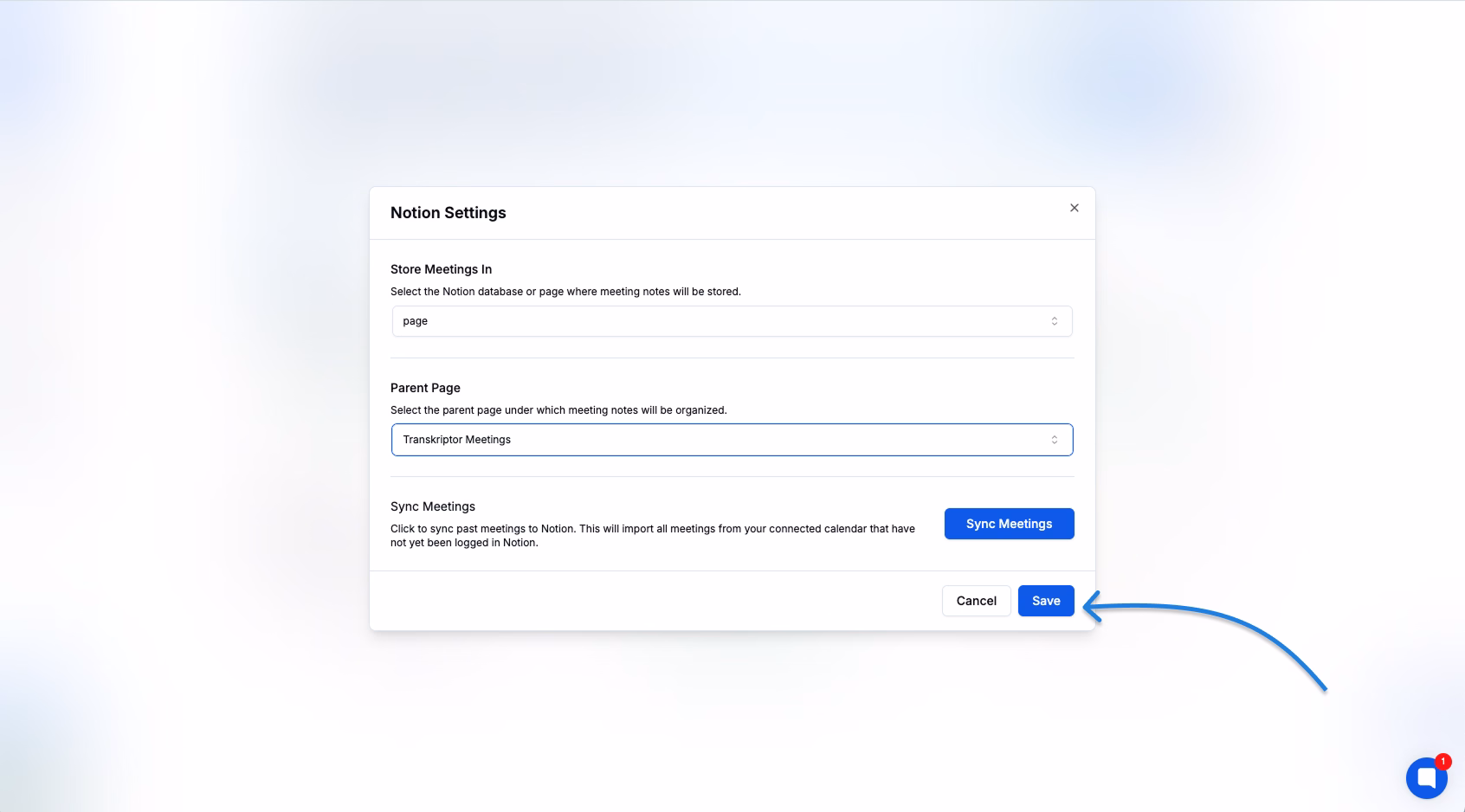 Налаштування інтеграції Notion для Transkriptor з опціями збереження та синхронізації зустрічей.