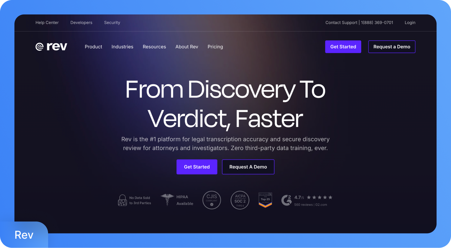 Screenshot van de Rev-website, een platform voor juridische transkripsiyon en veilige beoordeling van bewijsmateriaal.