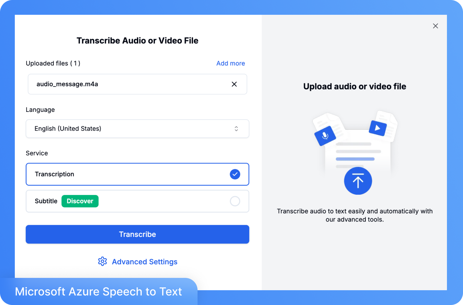 Egy átíró szolgáltatás felületének képernyőképe: az „audio_message.m4a” fájl feltöltve, a nyelv „Angol (Egyesült Államok)”, a szolgáltatás pedig „Átírás”. A beállítások alatt egy „Átírás” gomb látható. A jobb oldali panelen audió- és videófájl ikonok jelennek meg.
