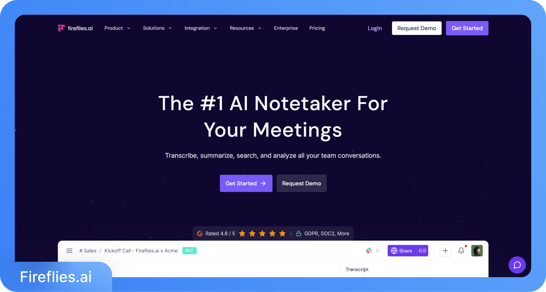 Screenshot der Fireflies.ai-Homepage, ein KI-Protokollführer für Meetings, mit Handlungsaufforderungen und Bewertungen.