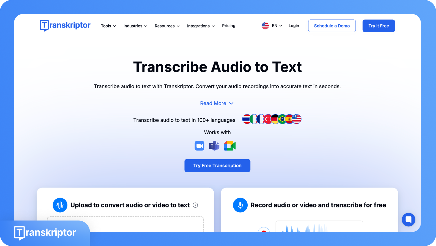 Онлайн-інструмент Transkriptor для транскрибації аудіо з різних джерел, що підтримує понад 100 мов.