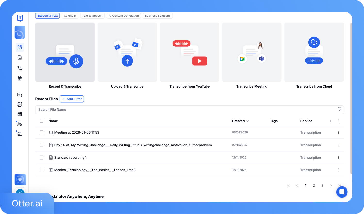 Az Otter.ai felületének képernyőképe: rögzítési, feltöltési és átírási opciók láthatók (YouTube-ról, megbeszélésekről és felhőből), valamint a legutóbbi átiratok listája.
