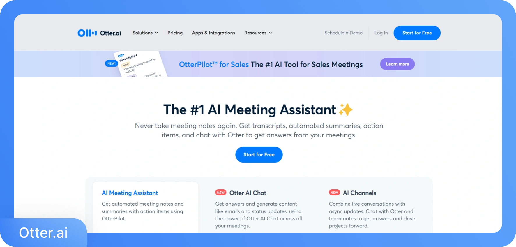 Otter.ai 홈페이지 스크린샷: "1위 AI 회의 비서"라는 문구와 함께 주요 기능들을 보여주고 있습니다.