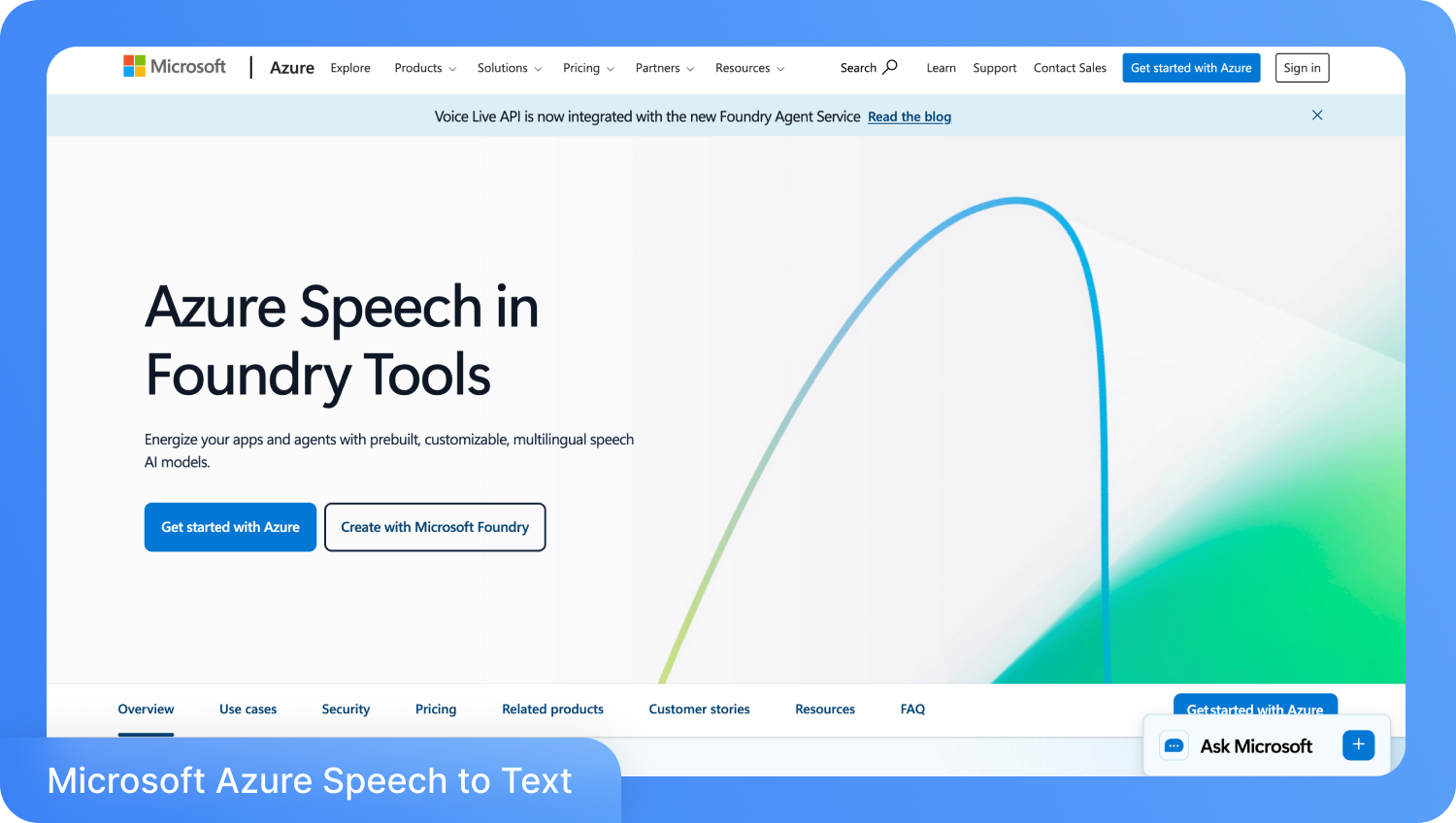 Uma captura de tela do site do Microsoft Azure exibindo o "Azure Speech no Foundry Tools" com opções para iniciar com o Azure ou criar com o Microsoft Foundry.