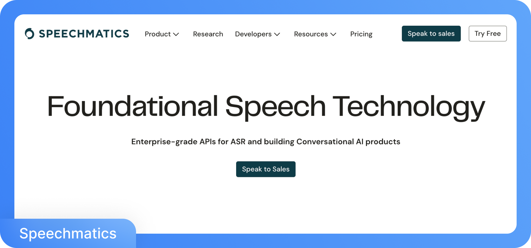 Speechmatics 网页展示了“基础语音技术”和企业级 API 选项。