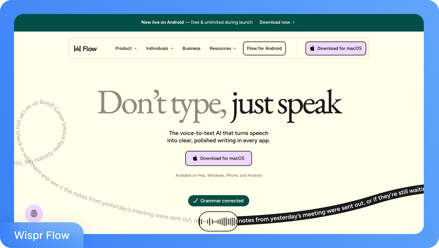 Uma captura de tela do site do software de ditado Wispr Flow, exibindo "Não digite, apenas fale" e um botão de download para macOS.