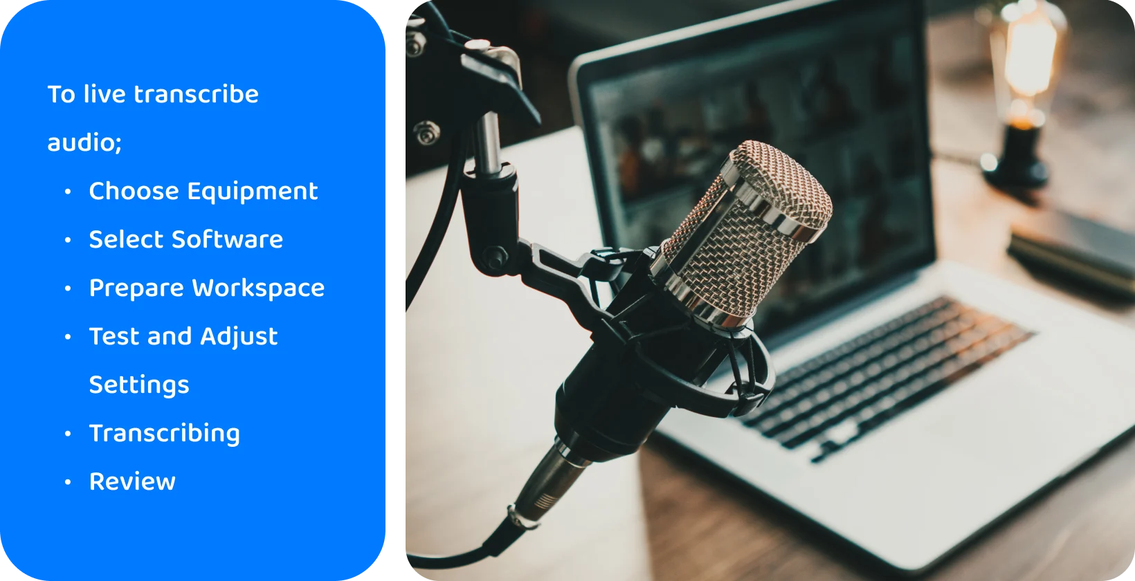 Професионален микрофон, позициониран за запис или транскрипция на живо, с лаптоп на заден план.