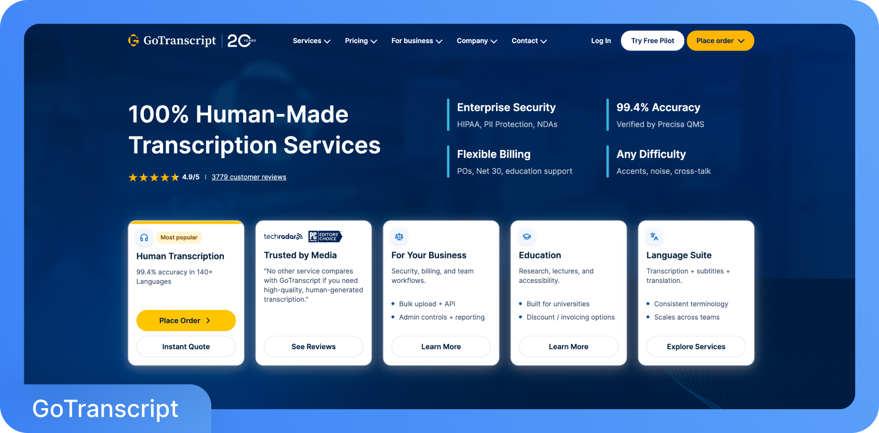 ภาพหน้าจอของโฮมเพจ GoTranscript ที่เน้นบริการถอดเสียงโดยมนุษย์พร้อมคะแนนรีวิว 4.9/5