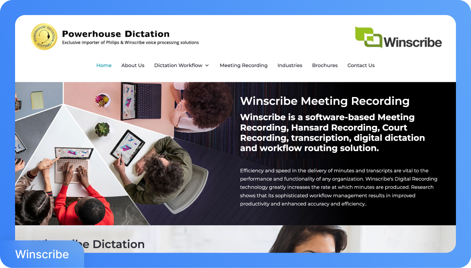 Screenshot van de Winscribe Meeting Recording software landingspagina met meerdere gebruikers die samenwerken op laptops en tablets.