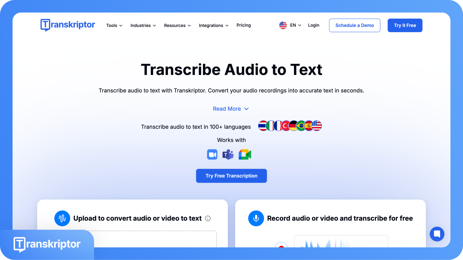 Ein Screenshot der Transkriptor-Website, der „Audio in Text transkribieren“ als zentrale Schlagzeile zeigt.