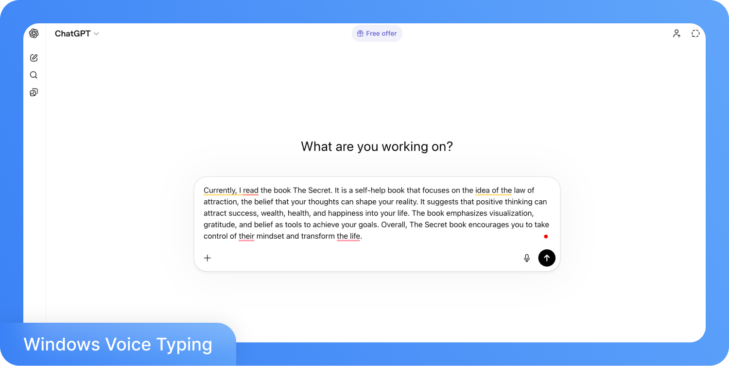 ChatGPT felületet ábrázoló képernyőkép, ahol a szövegbeviteli mezőben „A titok” című könyvről szóló bekezdés látható, a „Windows hangalapú gépelés” panel pedig be van kapcsolva.