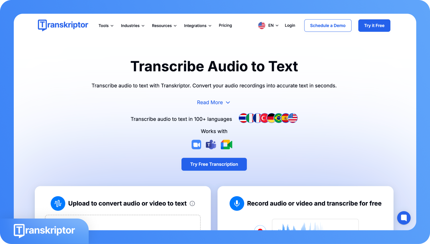 Screenshot van de homepage van de Transkriptor-website die audio-naar-tekst transcriptiediensten aanbiedt.