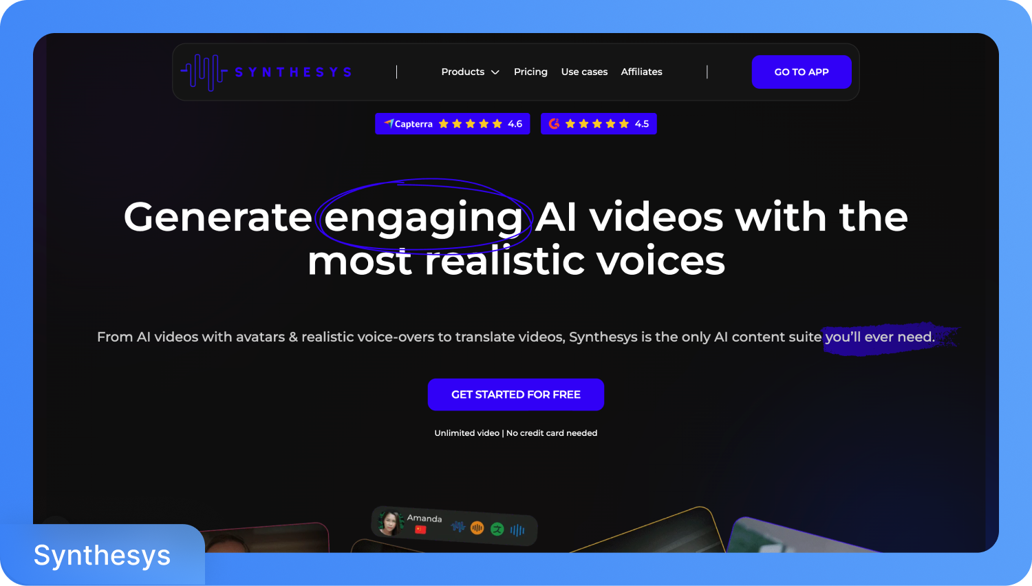 Начална страница на Synthesys с надпис „Създавайте ангажиращи AI видеоклипове с най-реалистичните гласове“ и бутон „Започнете безплатно“.