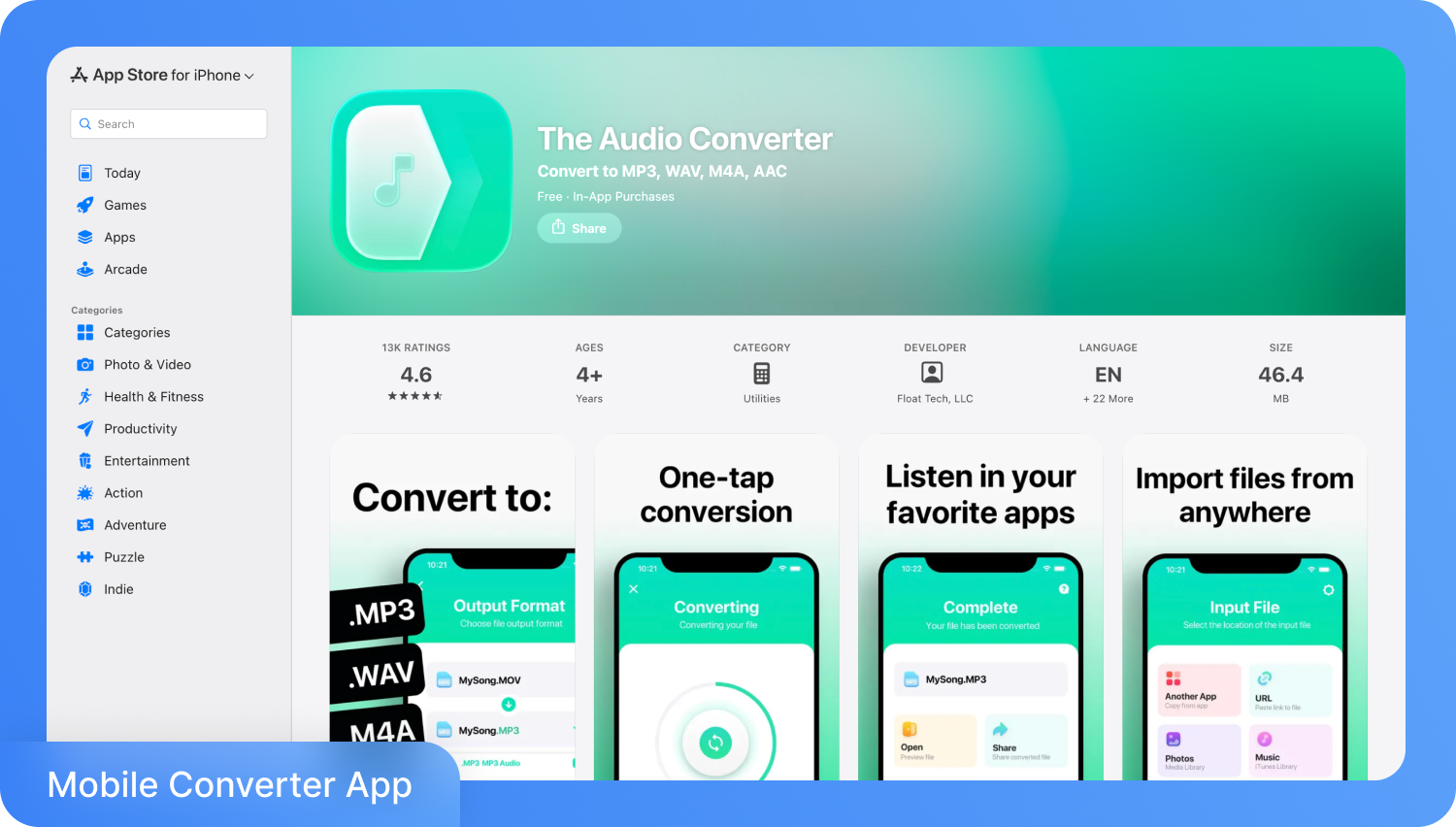 Скриншот сторінки додатка «The Audio Converter» в App Store, що демонструє підтримку форматів MP3, WAV та M4A, конвертацію в один дотик та імпорт файлів.