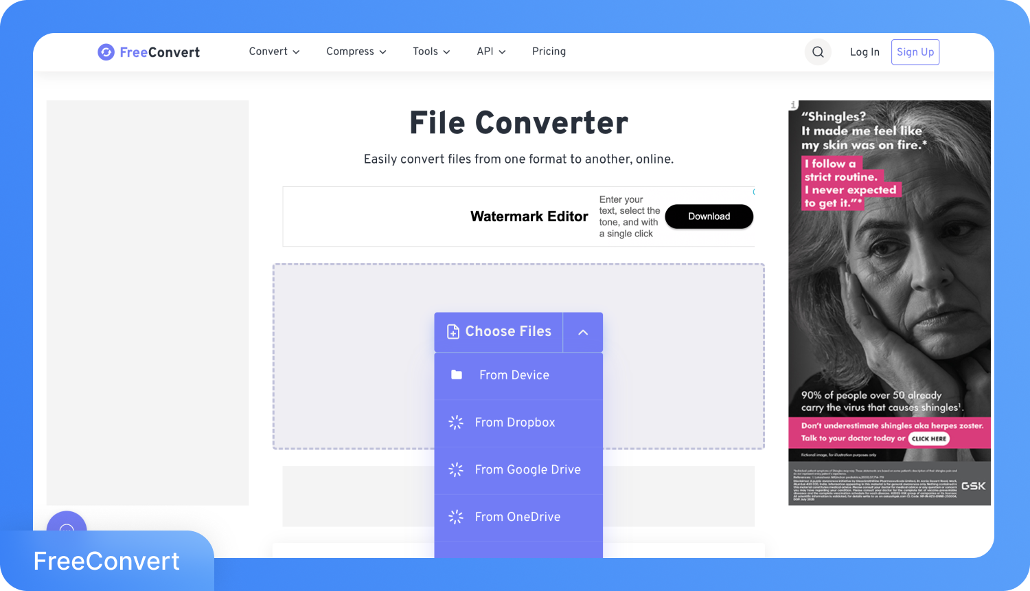 Скріншот сайту FreeConvert, що демонструє варіанти завантаження файлів з пристрою, Dropbox, Google Drive та OneDrive.