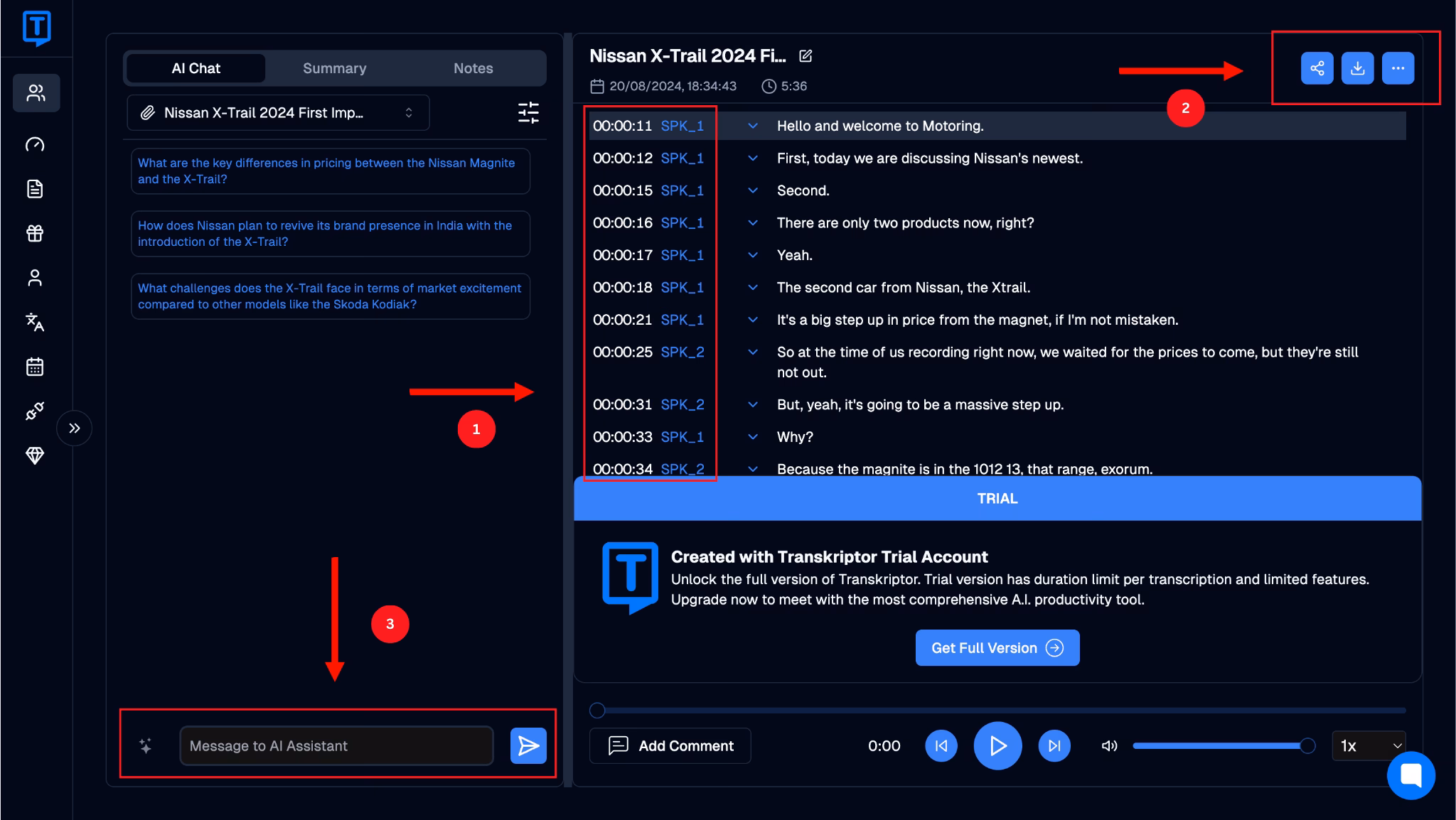 이미지에는 타임스탬프, 공유 및 다운로드 옵션, AI 봇을 가리키는 세 개의 화살표가 있습니다.