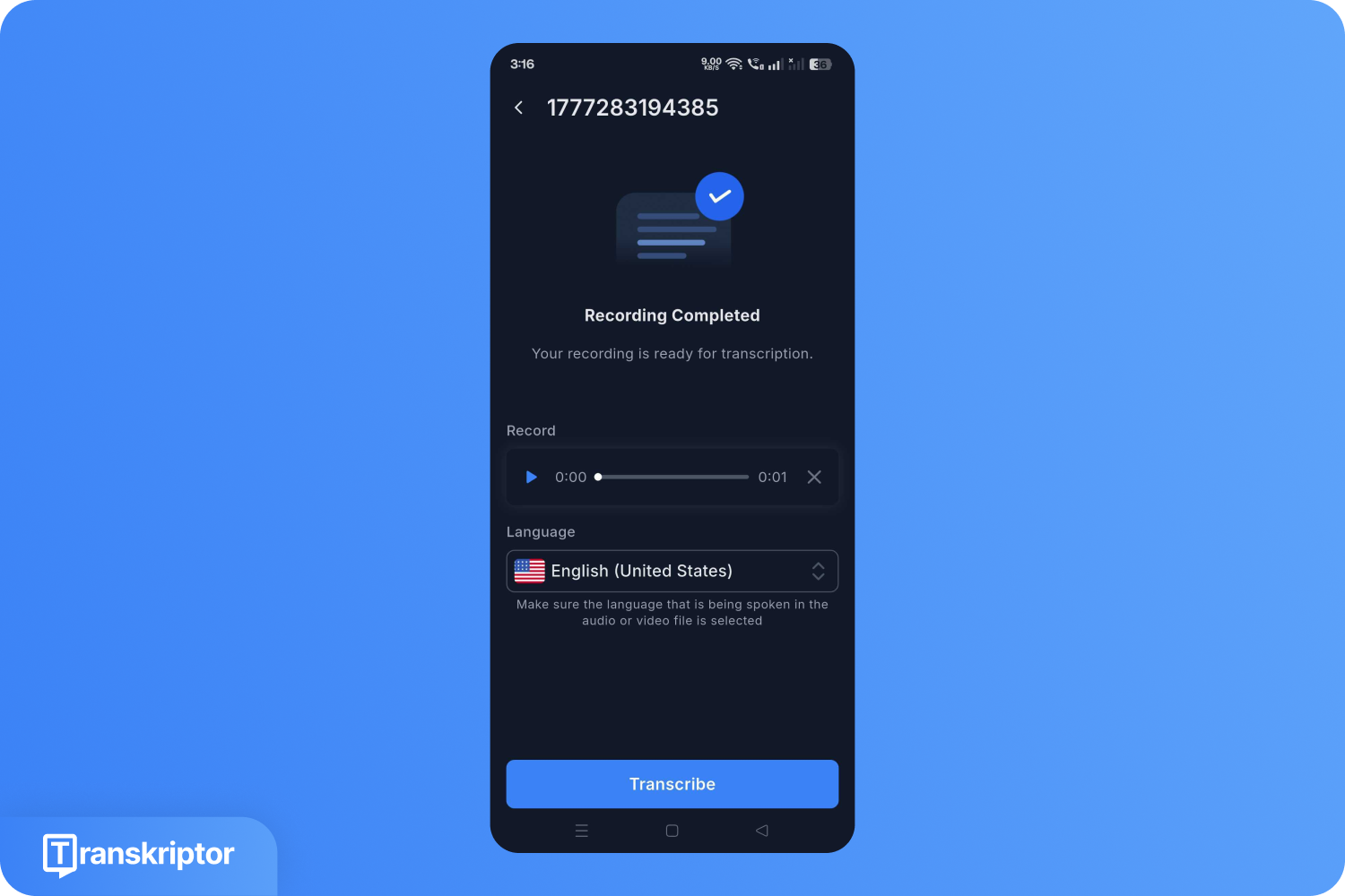 Ein Handybildschirm mit der Meldung „Aufnahme abgeschlossen“ und der Option, das Audio ins Englische zu transkribieren.