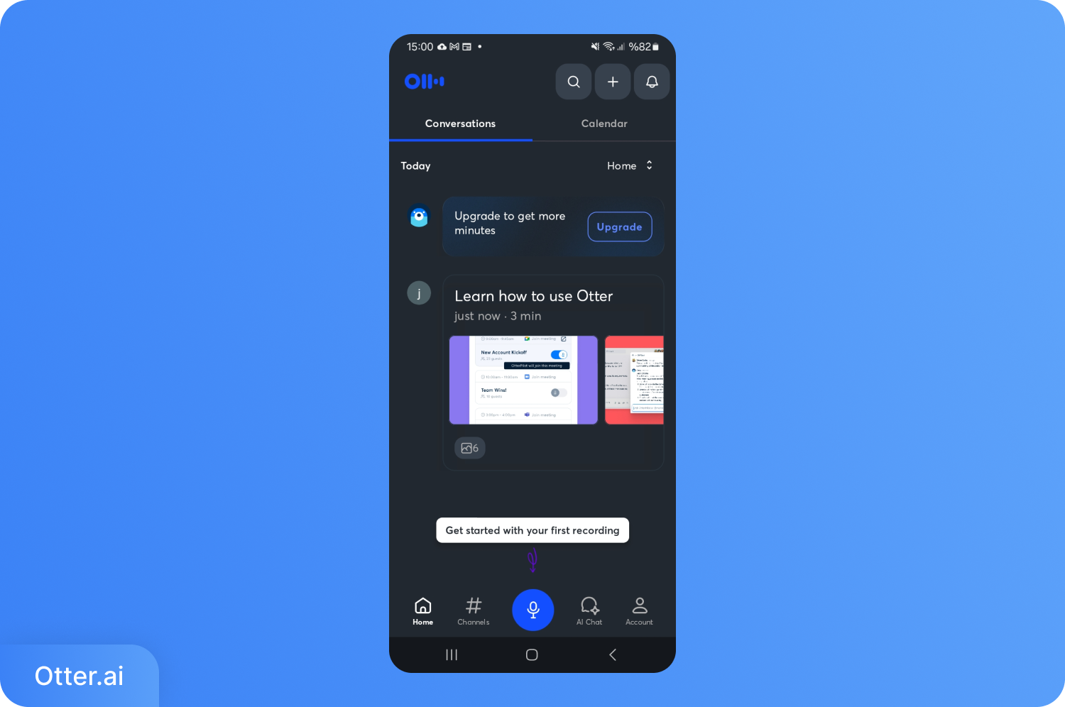 Otter.ai 安卓版应用界面的截图，显示了对话列表和开始录音的提示。