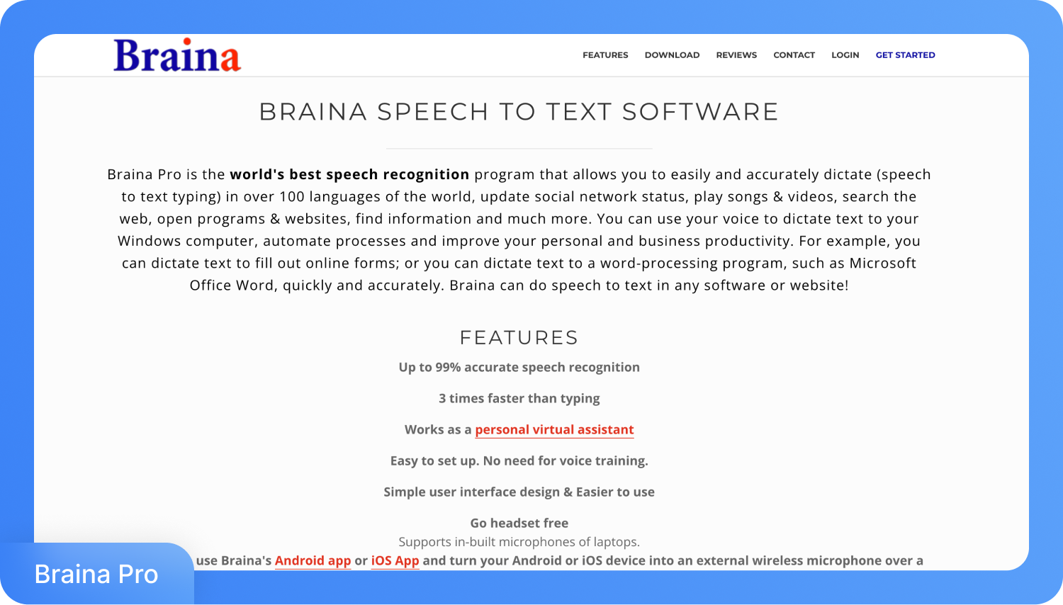 Braina spraak-naar-tekst software webpagina met functies zoals 99% nauwkeurigheid en virtuele assistent-mogelijkheden