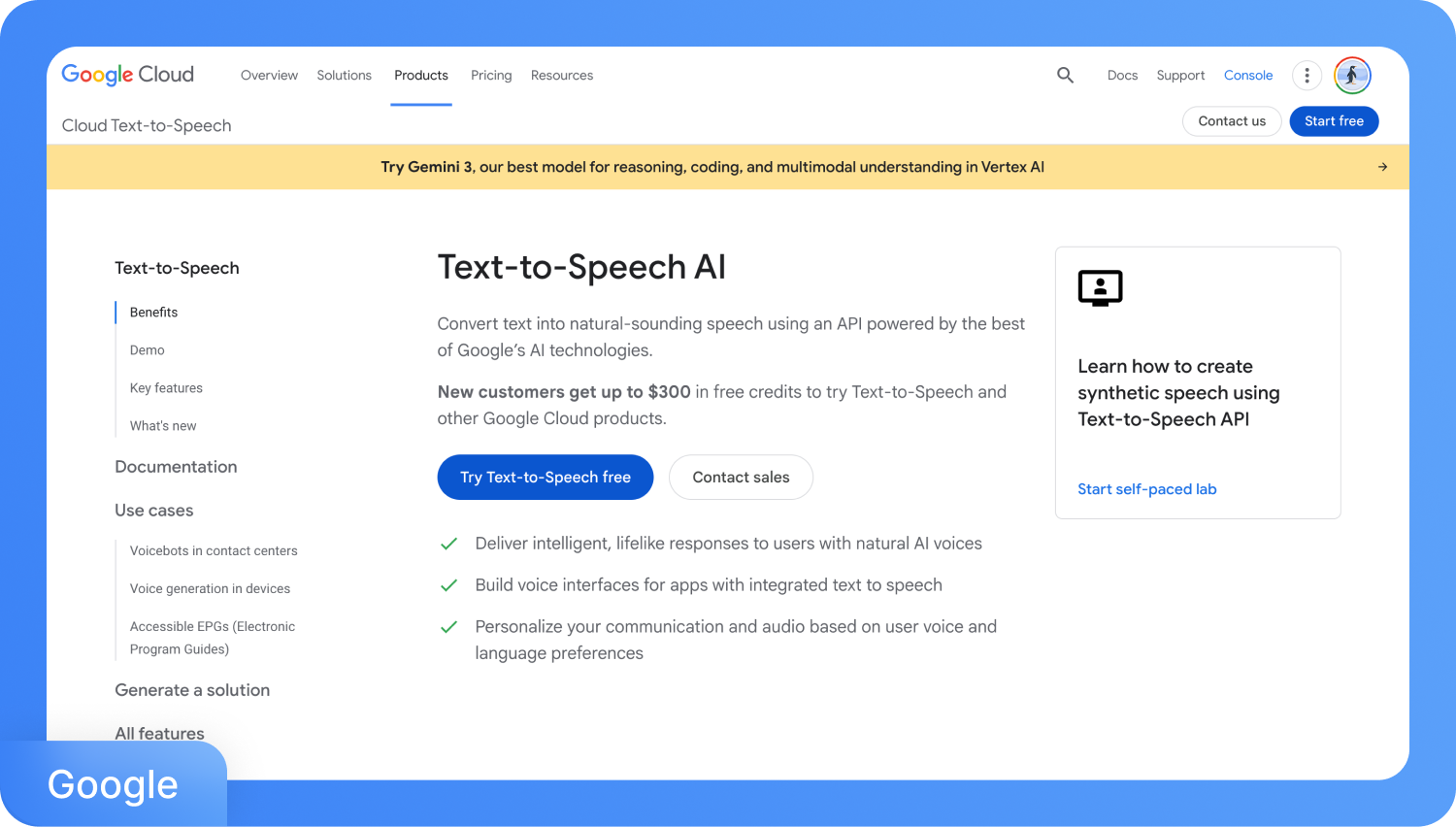 Екранна снимка на продуктовата страница на Google Cloud Text-to-Speech AI с информация за функциите и безплатен пробен период.