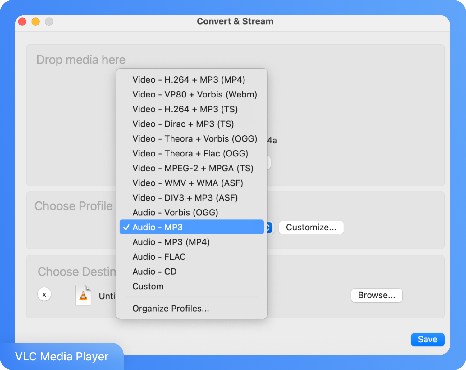 Скриншот з VLC Media Player, де показано вікно «Конвертувати та транслювати» з обраним пунктом «Audio - MP3». Це ілюструє процес перетворення голосового запису в MP3.