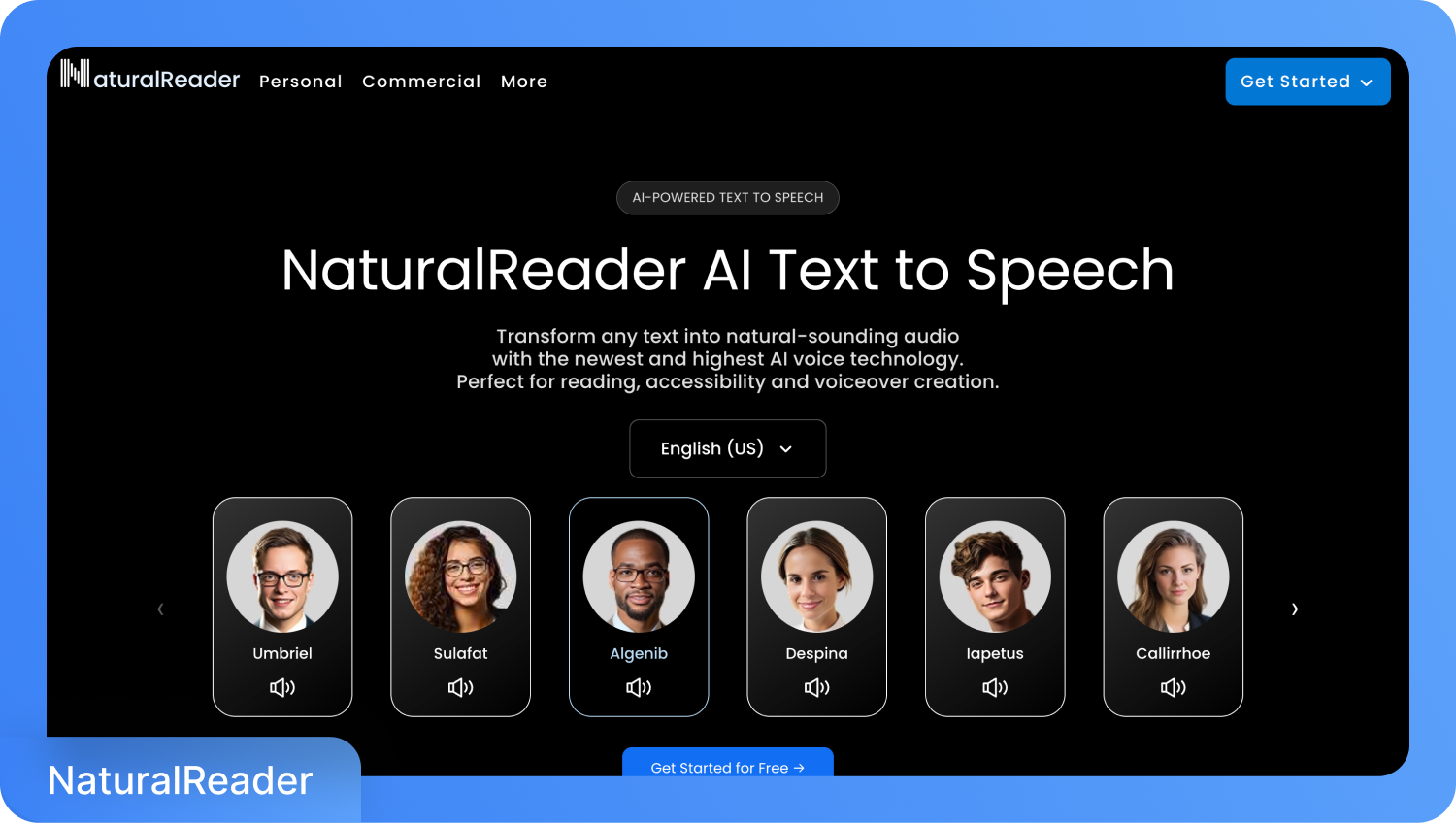 Начална страница на NaturalReader AI Text to Speech с опции за разнообразни аватари и бутон „Започнете сега“.