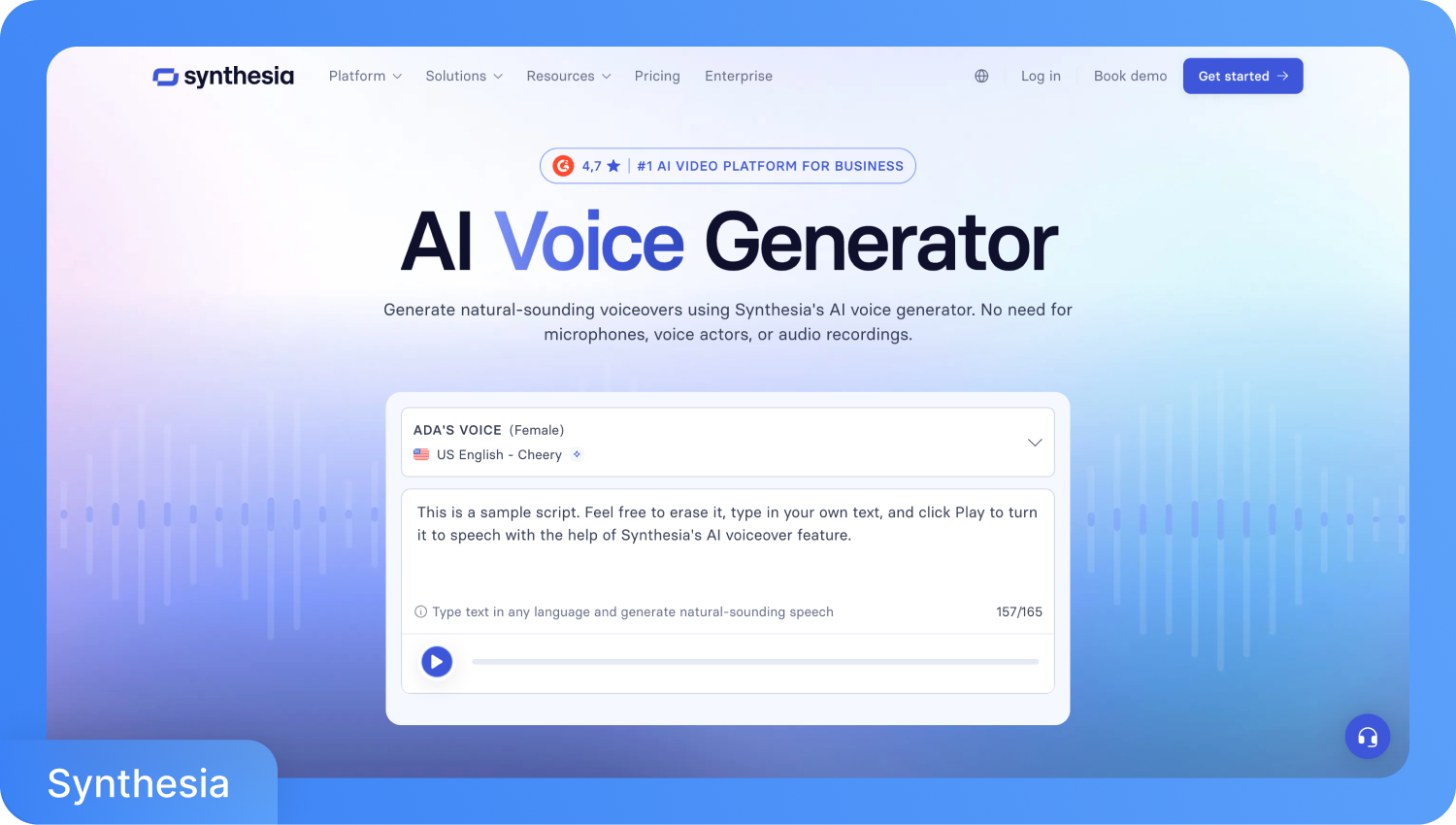 Интерфейс на Synthesia AI Voice Generator, показващ опции за избор на женски глас на американски английски и поле за въвеждане на текст.