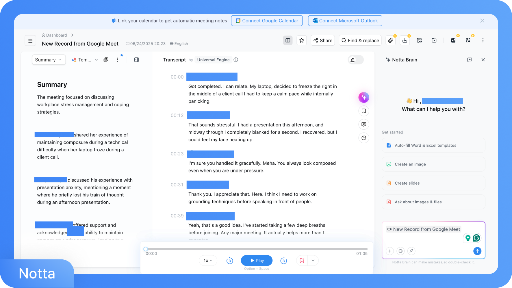 Notta uygulamasının, Google Meet üzerinden bir toplantı özeti ve transkripsiyonu gösteren, Notta Brain yapay zeka sohbet robotunun açık olduğu bir ekran görüntüsü.