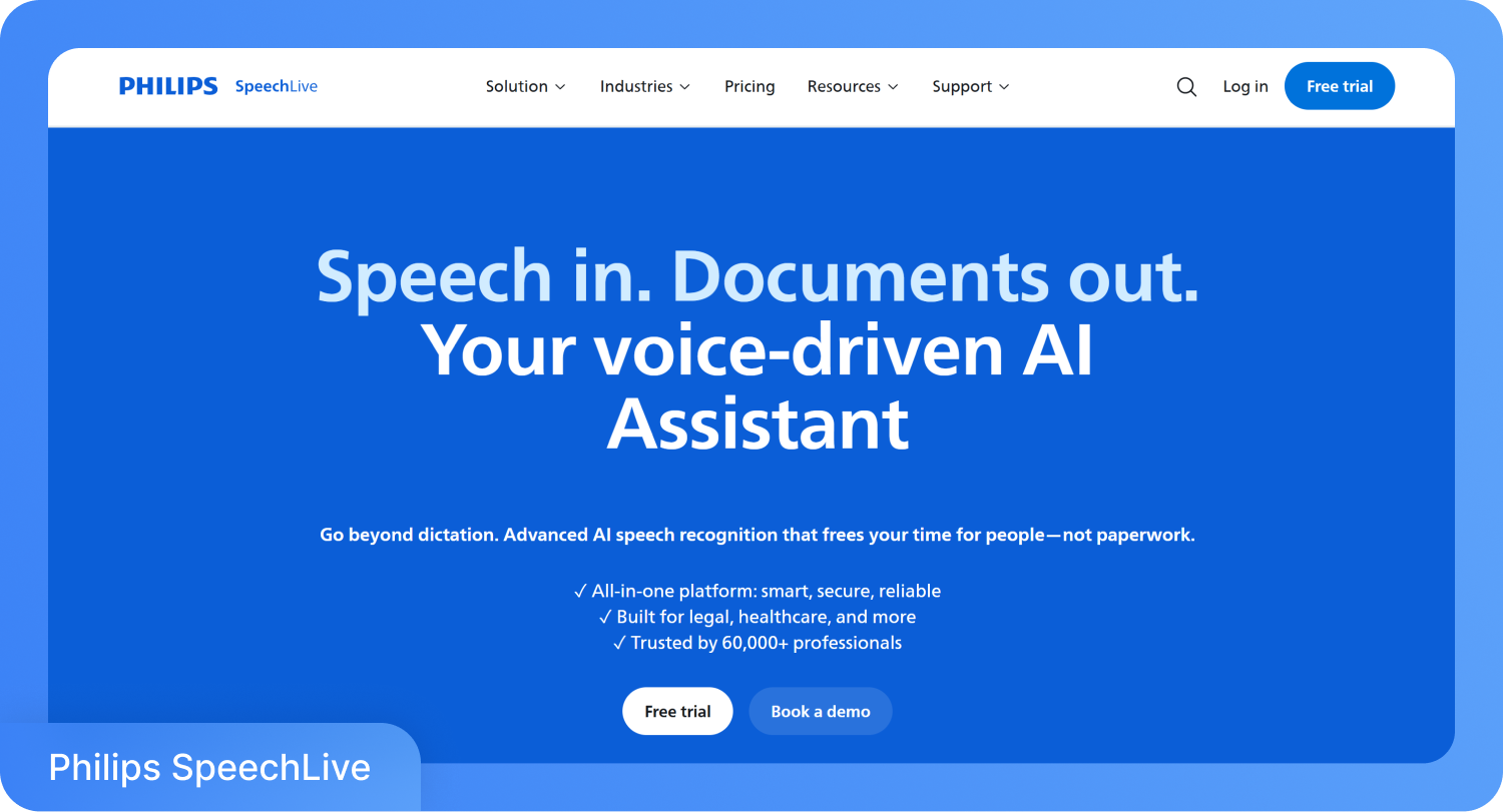 Philips SpeechLive-homepage voor hun AI-gestuurde spraakassistent met opties voor een gratis proefversie en demo.