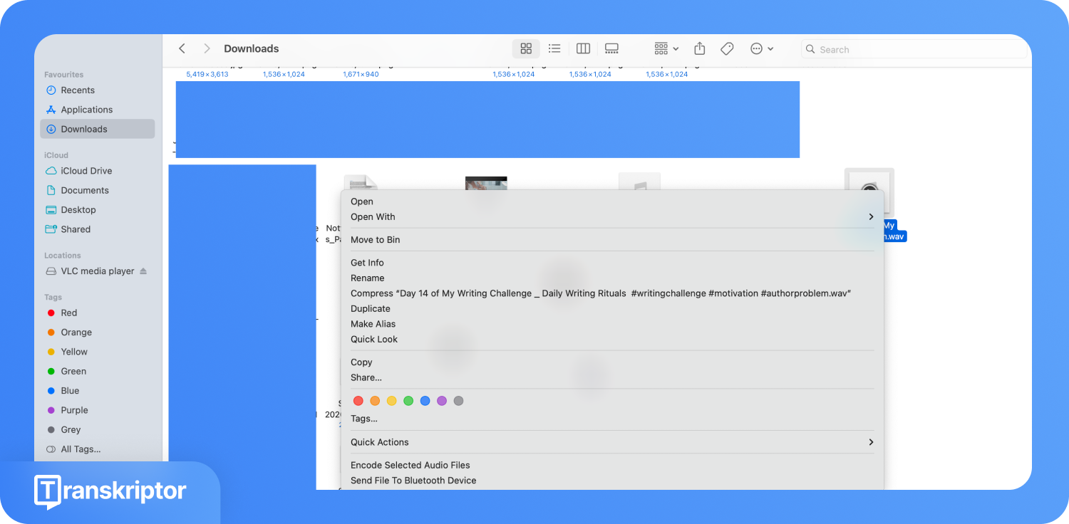 Скріншот екрана комп’ютера: файл WAV у папці завантажень із відкритим контекстним меню, де виділено пункти «Кодувати вибрані аудіофайли» та «Надіслати через Bluetooth».
