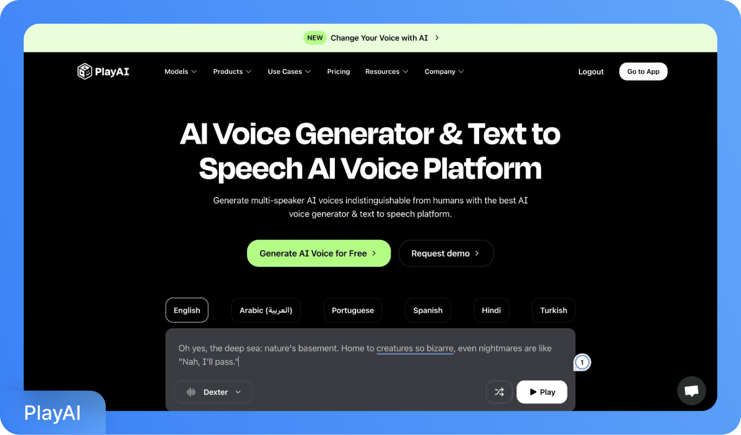 Екранна снимка на уебсайта PlayAI – платформа за гласове с изкуствен интелект и текст към реч, която генерира естествено звучащи гласове.
