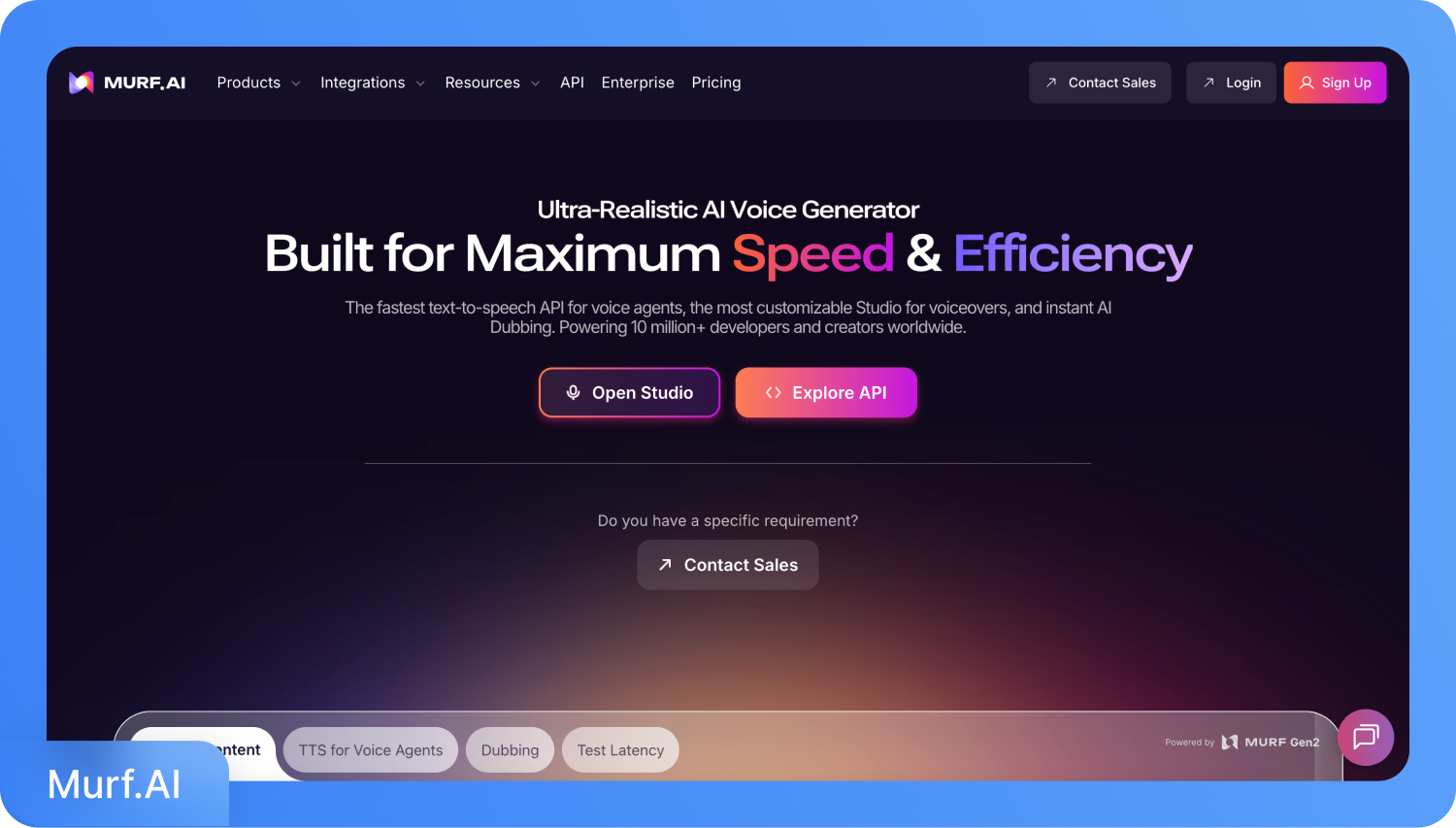Начална страница на уебсайта Murf.AI, представяща неговия ултрареалистичен ИИ генератор на глас, оптимизиран за скорост и ефективност.