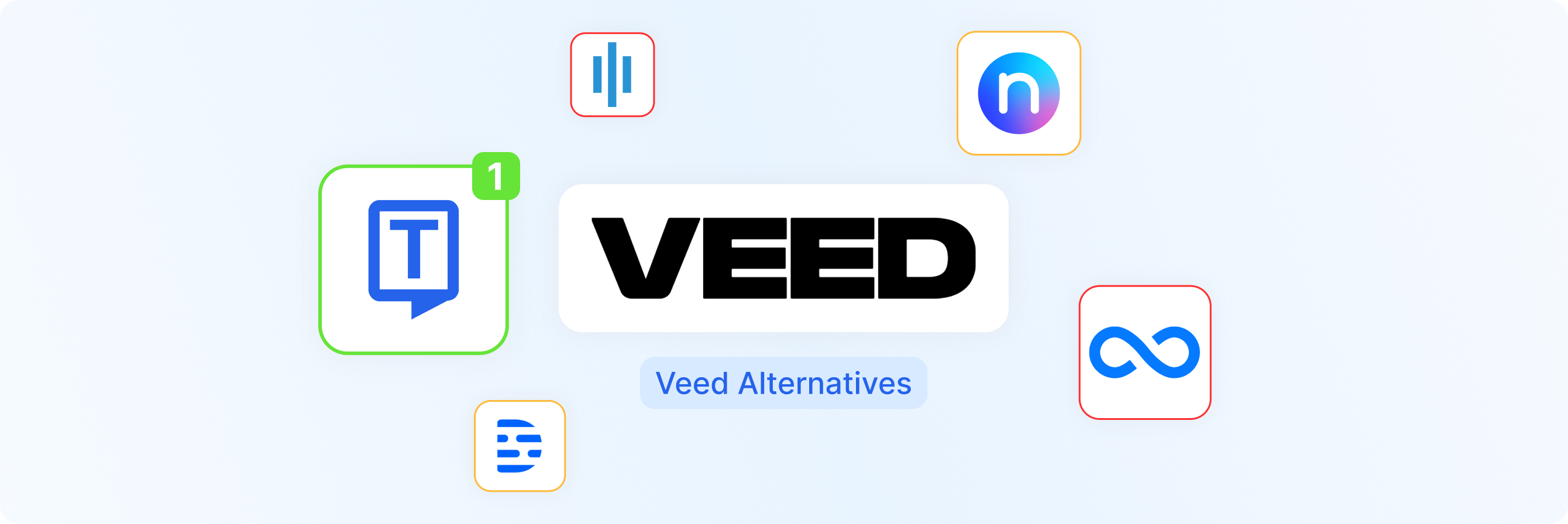 Un graphique présentant les alternatives à Veed avec les logos d'applications comme Teams, Notion et InVideo entourant le logo Veed.