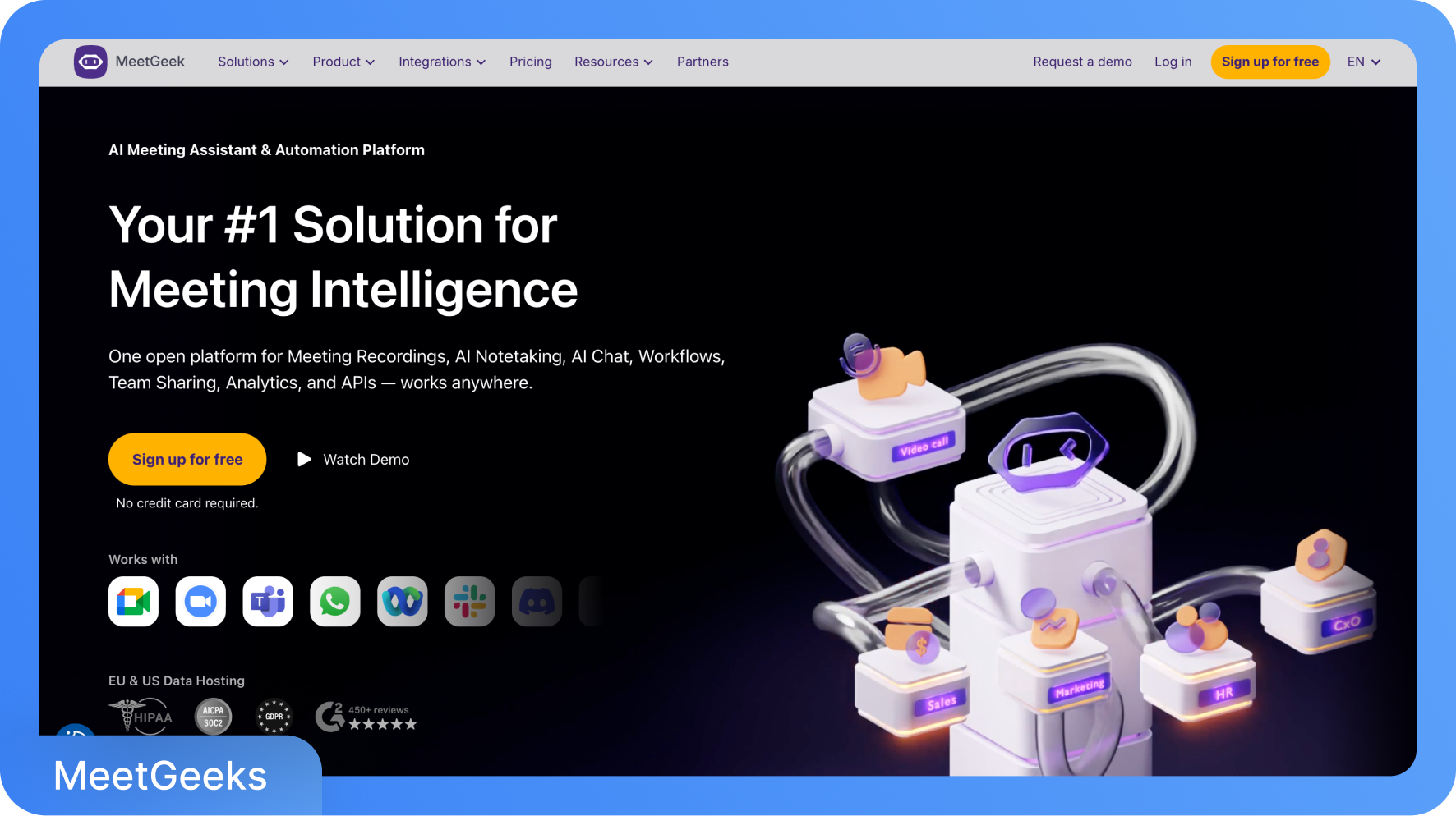 Ein Screenshot der MeetGeek KI-Meeting-Assistenten- und Automatisierungsplattform, der die Funktionen mit 3D-Icons für Videoanrufe, Vertrieb, Marketing, HR und C-Level-Aufgaben zeigt.