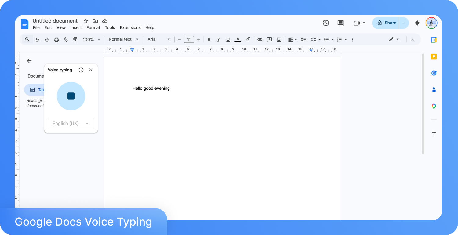Uma captura de tela do Google Docs com o recurso de digitação por voz ativado, mostrando "Olá, boa noite" no documento e o idioma "Inglês (UK)" selecionado.
