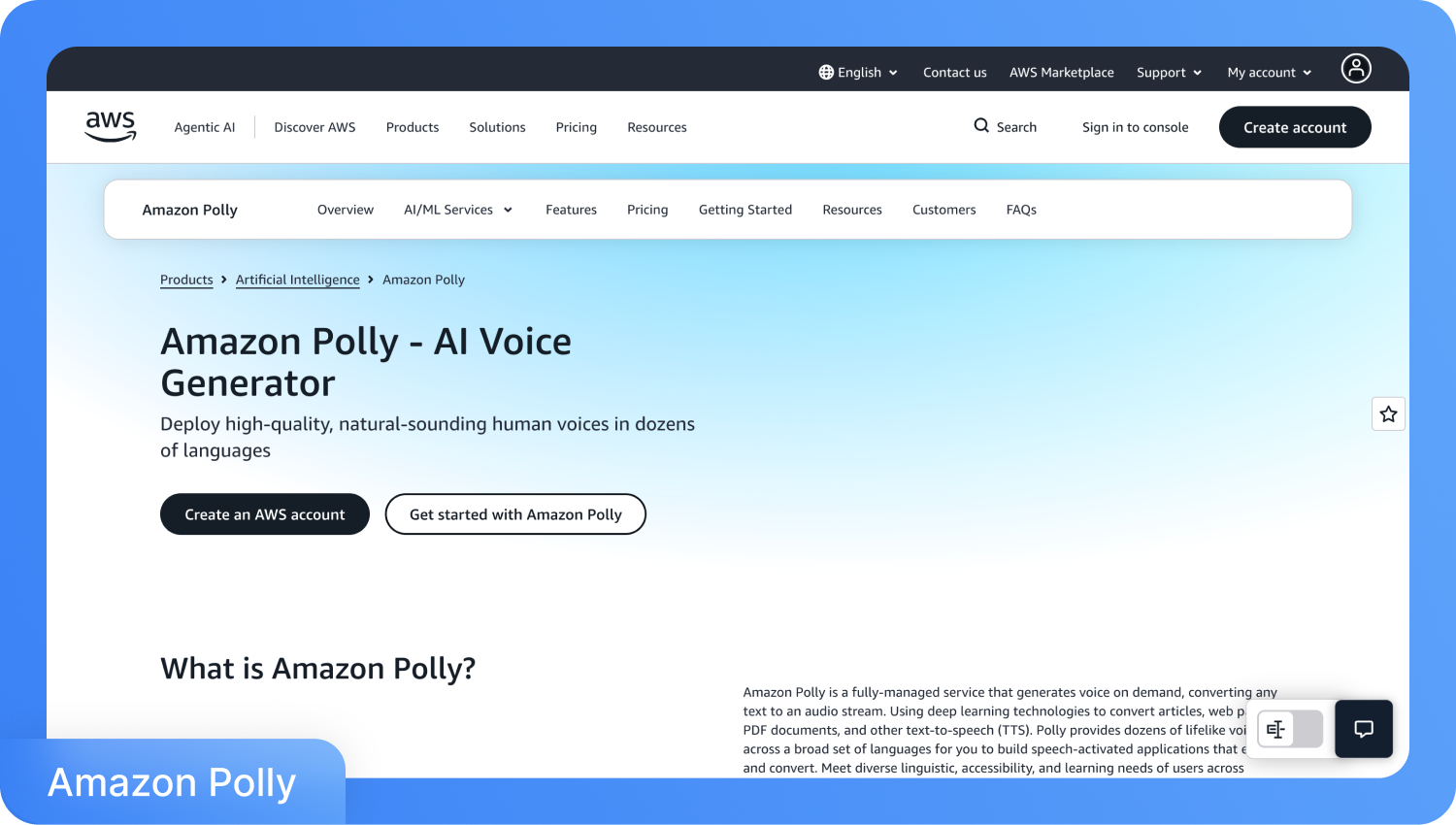 Екранна снимка на страницата на Amazon Polly AI Voice Generator, показваща възможностите му за преобразуване на текст в реч.