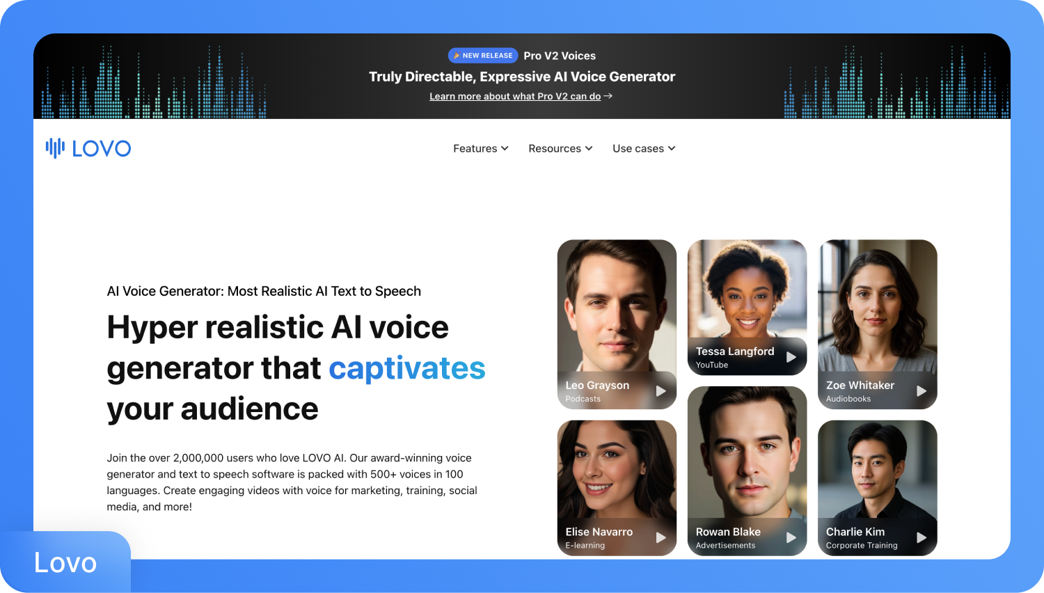 Екранна снимка на уебсайта за генериране на глас LOVO AI, показваща различни гласове с изкуствен интелект и техните приложения.